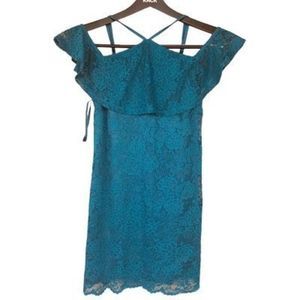 Love, Fire Women’s Sz SP Green Nylon Spandex Lace Off Shoulder Lined Blouse